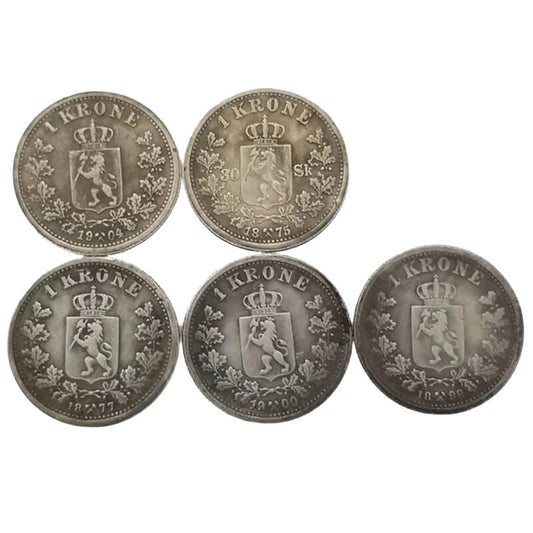 Norwegian 1 Krone Silver Coin Replicas (1875, 1877, 1898, 1900, 1904)